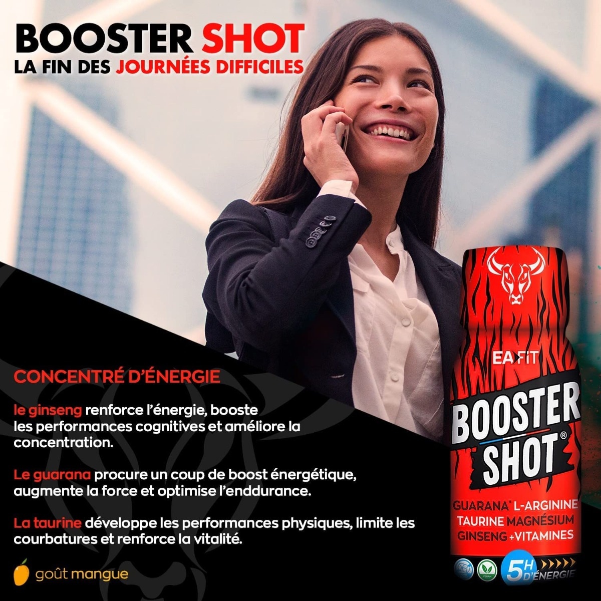 EAFIT Booster Shot - 5h d'énergie naturelle - Guarana - L-Arginine - Taurine - Magnésium - Ginseng - Vitamines - Boite de 20