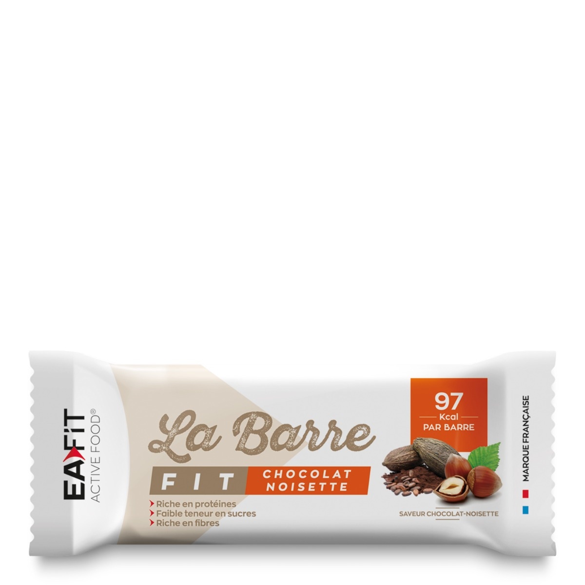 EAFIT La Barre Fit - barre unitaire - Saveur chocolat noisette. Un en cas sain, riche en protéines et en fibres et pauvres en sucres.